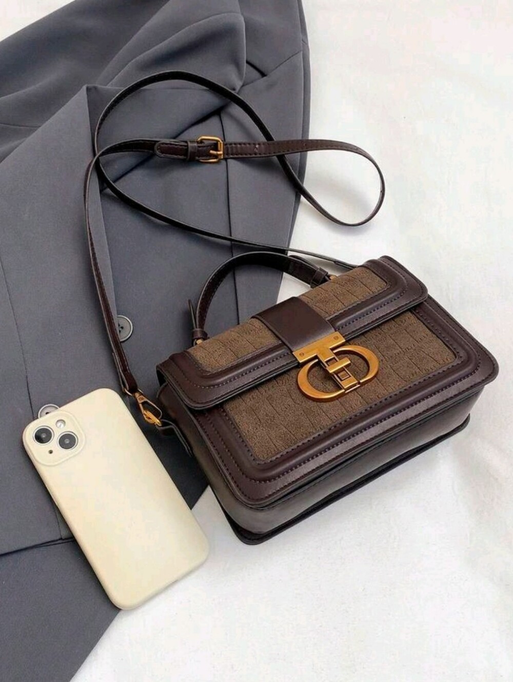 Brown Structured Top-Handle Crossbody Bag with Gold Hardware - Picture 3 of 6